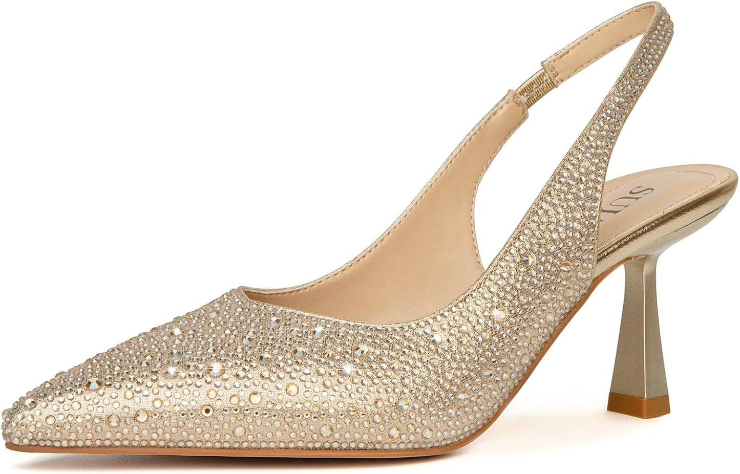 SUIARA Women's Slingback Wedding Heels Lace Mesh Kitten Heel Pointed Toe Pearl Pumps