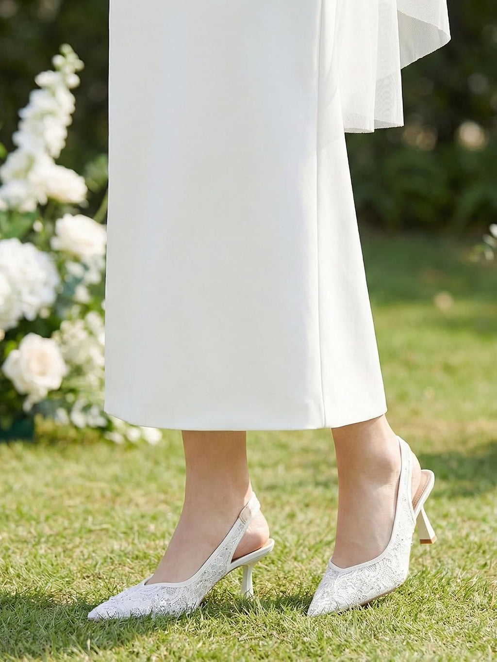 Slingback Wedding Heels for Women Bridal Lace Mesh Kitten Heel Closed Pointed Toe Pearl Pumps Shoes