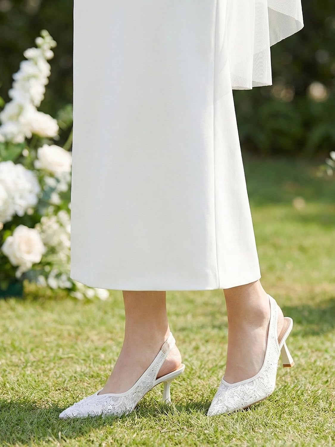 Slingback Wedding Heels for Women Bridal Lace Mesh Kitten Heel Closed Pointed Toe Pearl Pumps Shoes