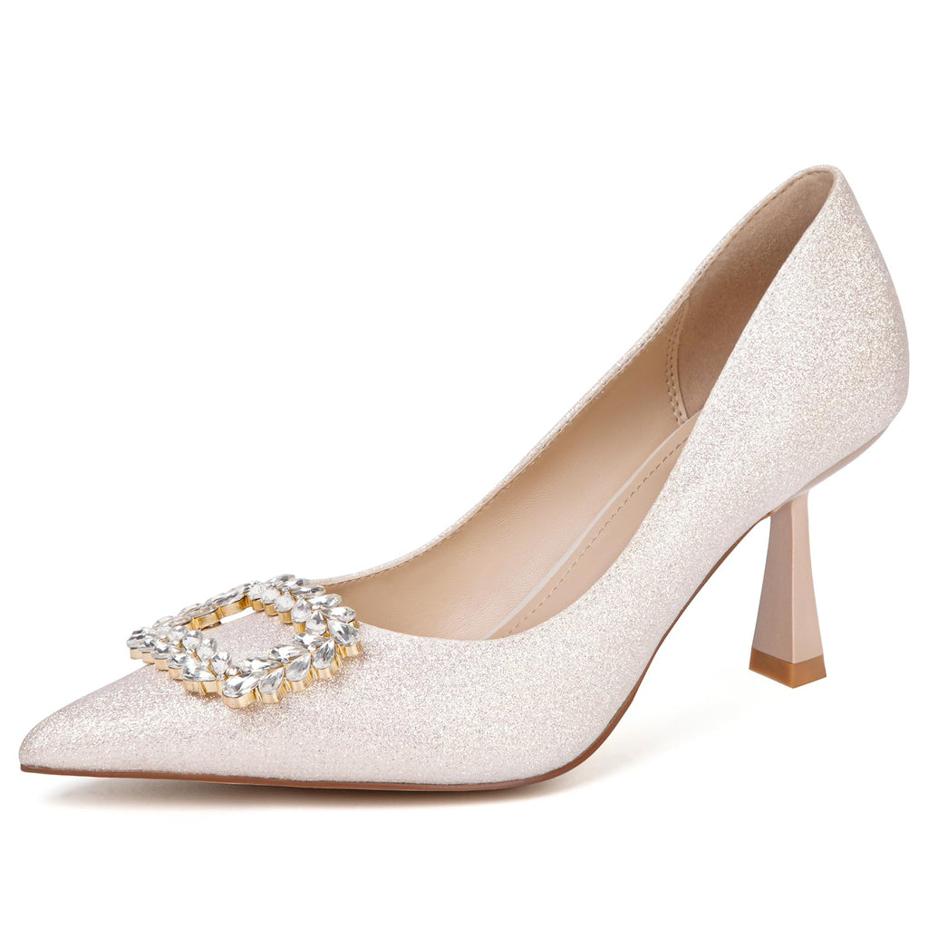 Slingback Wedding Heels for Women Bridal Lace Mesh Kitten Heel Closed Pointed Toe Pearl Pumps Shoes