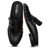 Penny Loafers for Women Chunky Heel Flat Mules Round Toe Slip on Comfortable Loafers Casual Slides Shoes