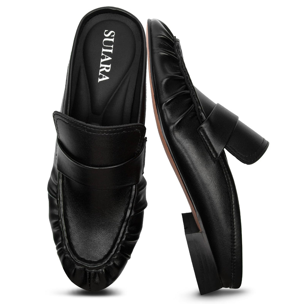 Penny Loafers for Women Chunky Heel Flat Mules Round Toe Slip on Comfortable Loafers Casual Slides Shoes