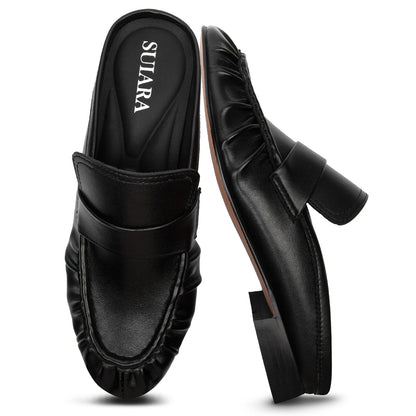 Penny Loafers for Women Chunky Heel Flat Mules Round Toe Slip on Comfortable Loafers Casual Slides Shoes
