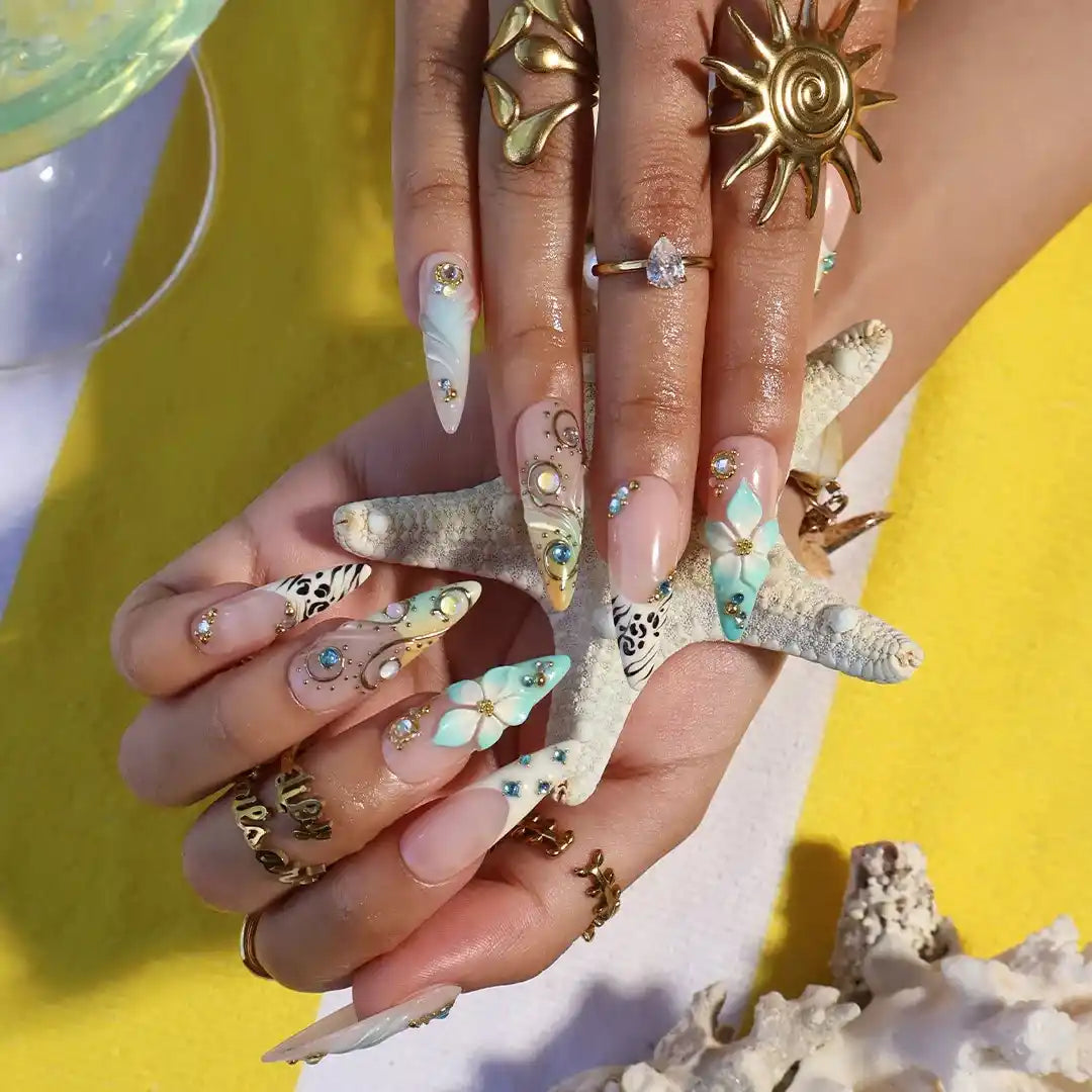 Aqua Luxe Blue 3D Floral Press On Nails
