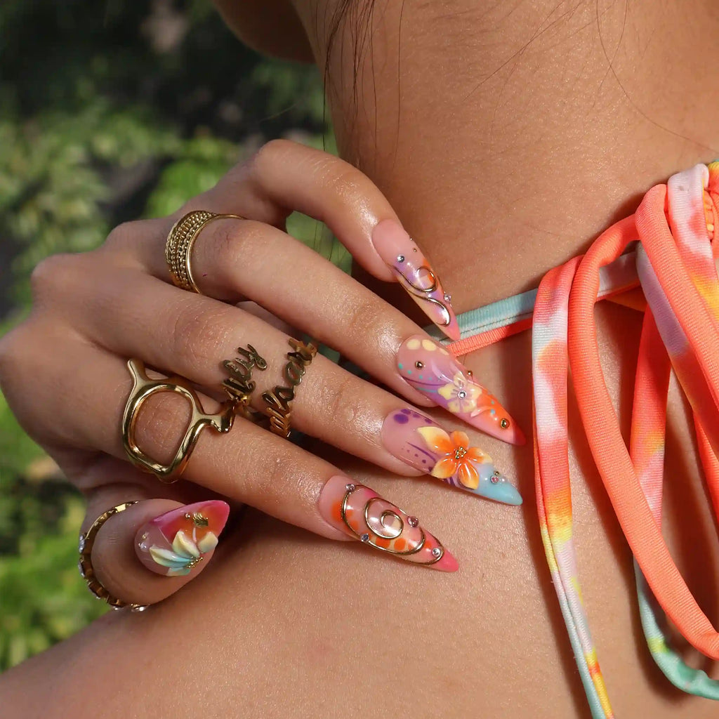 La Abundancia 3D Floral Pearl Blue Teal Press On Nails