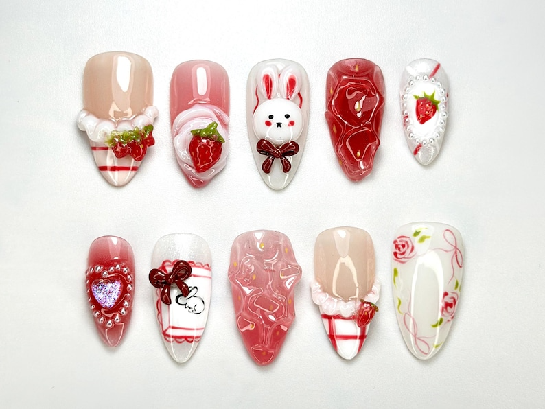 Kawaii Bunny & Strawberry Press-On Nails Handmade Bunny Nail Art Cute Girly Nails 3D Kawaii Nails Cottagecore Nail Art OB689H