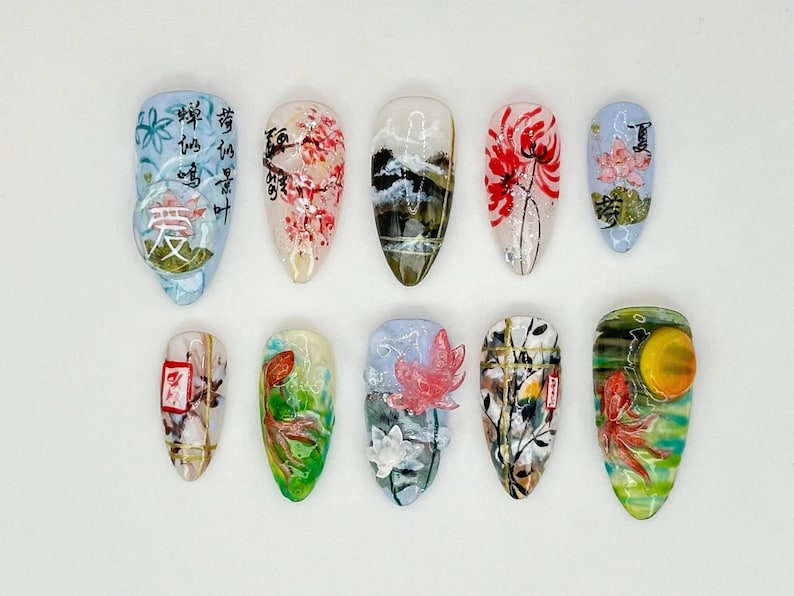 Japanese-Inspired Koi Fish Almond Nails Asian-Inspired Scenic Fake Nails Serene Waters Nail Art Lotus and Bamboo Fake Nails OB663YC