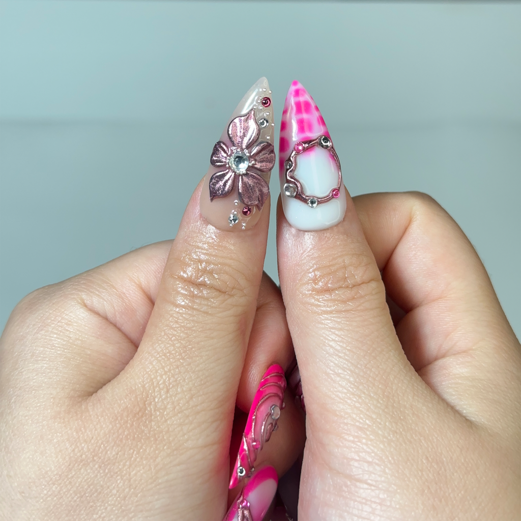 Hot Pink Press On Nails, Luxury Cyber Gyaru Stiletto Nails, 3D Chrome Flower Metallic Fake