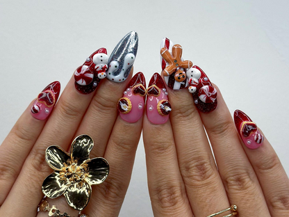Gingerbread Red Christmas Press On Nails 3D Christmas Cookie Nail Peppermint & Snowman Holiday Nails| Red Glitter Festive Nails