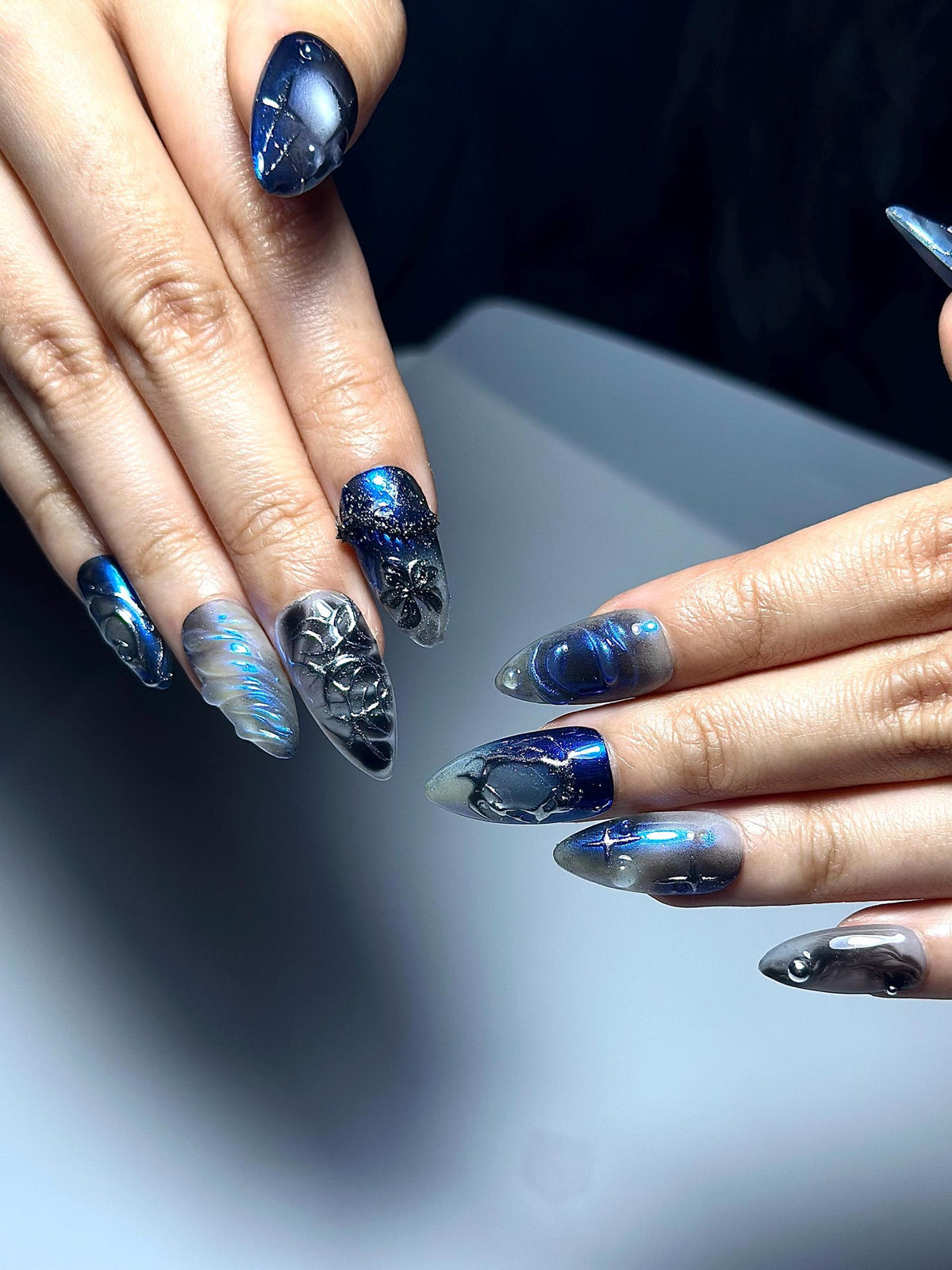 Galaxy Gothic Press On Nails Dark Blue Chrome Cat Eye Nails Celestial Star Night Nail
