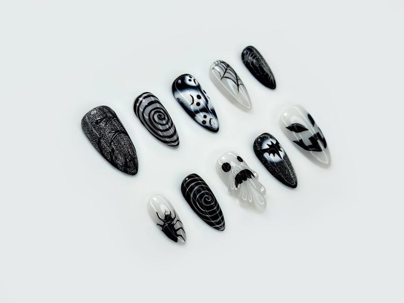 Press on nails for halloween| Black White Gothic Halloween Nails 3D Ghost & Spider Design Spooky Night Nail Art