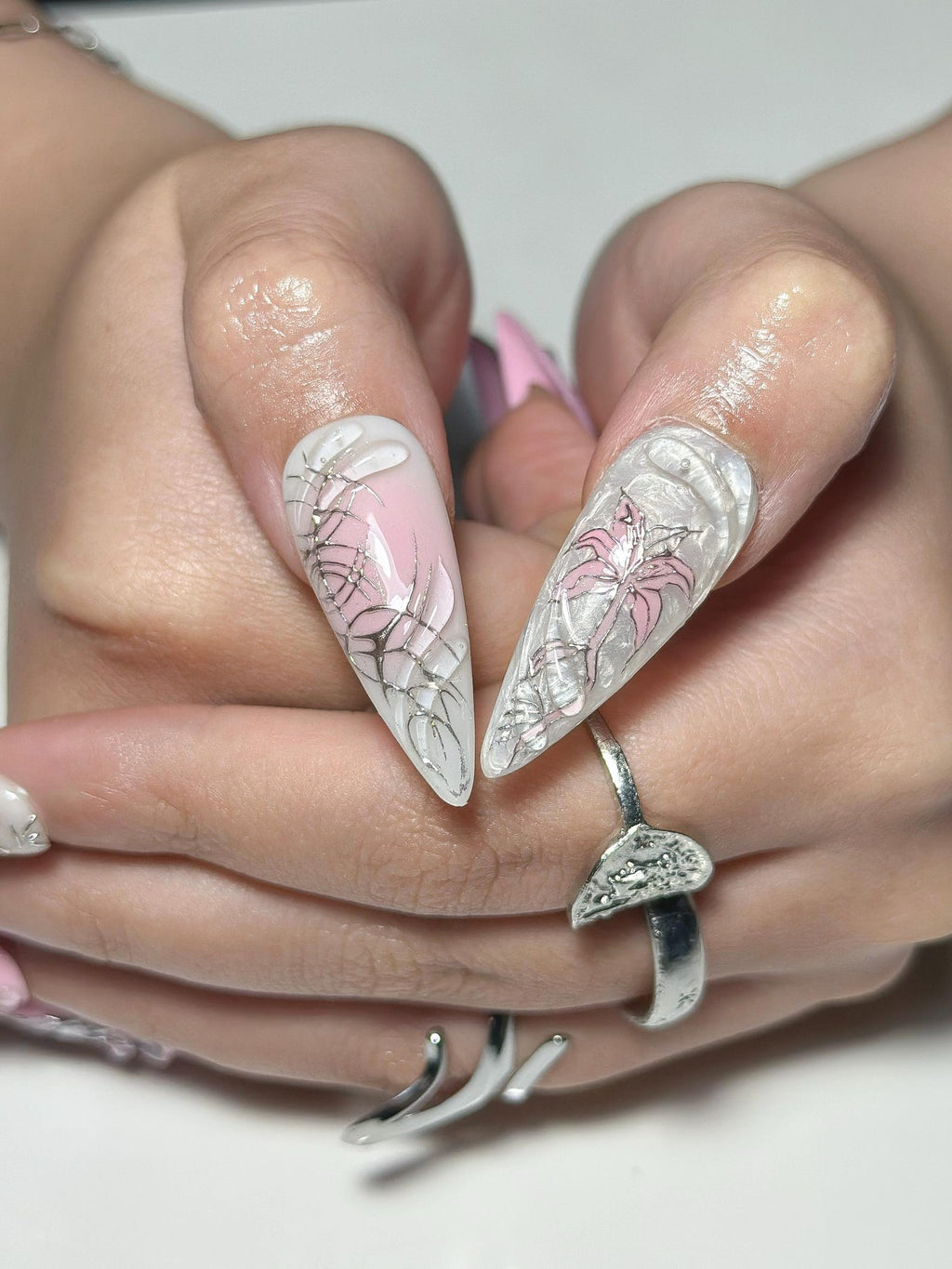 3D Pink Gothic Cyber Nails, Silver Chrome Cross Press Ons, Ethereal Grunge Liquid Metal