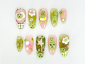 Kawaii Smiski-Inspired Press On Nails Smiski-Inspired 3D Nails with Pink and Green Accents Playful Smiski and Star Nail Set OB640HK