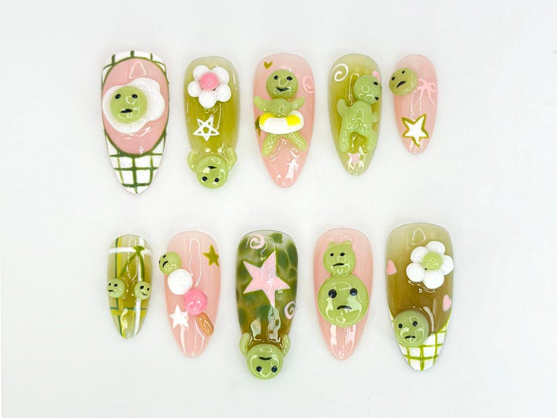 Kawaii Smiski-Inspired Press On Nails Smiski-Inspired 3D Nails with Pink and Green Accents Playful Smiski and Star Nail Set OB640HK