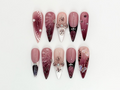 Burgundy Floral 3D Press On Nails Floral Design with Rhinestones| Floral Accents And Pearl Details Stylish & Trendy Nail Design OB660H