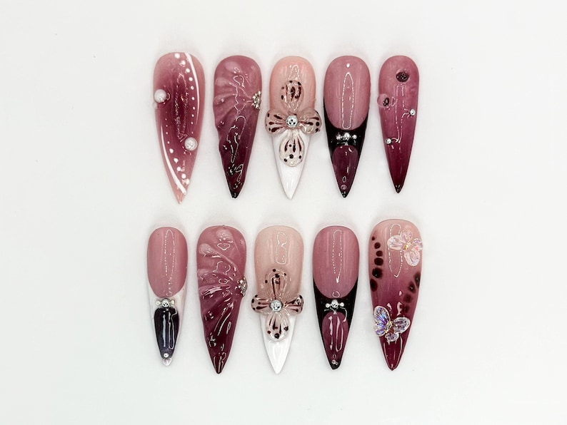 Burgundy Floral 3D Press On Nails Floral Design with Rhinestones| Floral Accents And Pearl Details Stylish & Trendy Nail Design OB660H