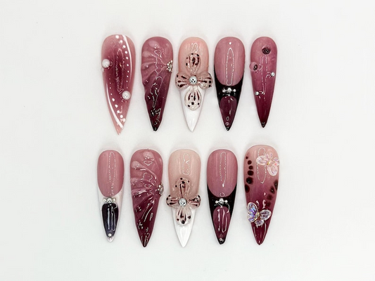 Burgundy Floral 3D Press On Nails Floral Design with Rhinestones| Floral Accents And Pearl Details Stylish & Trendy Nail Design OB660H