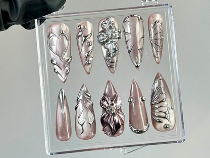 Metallic Chrome Press On Nails Butterfly Wings Press Ons Shiny Silver Fake Nails Elegant Metallic Nail ArtGothic, Y2K NailsOB755YK