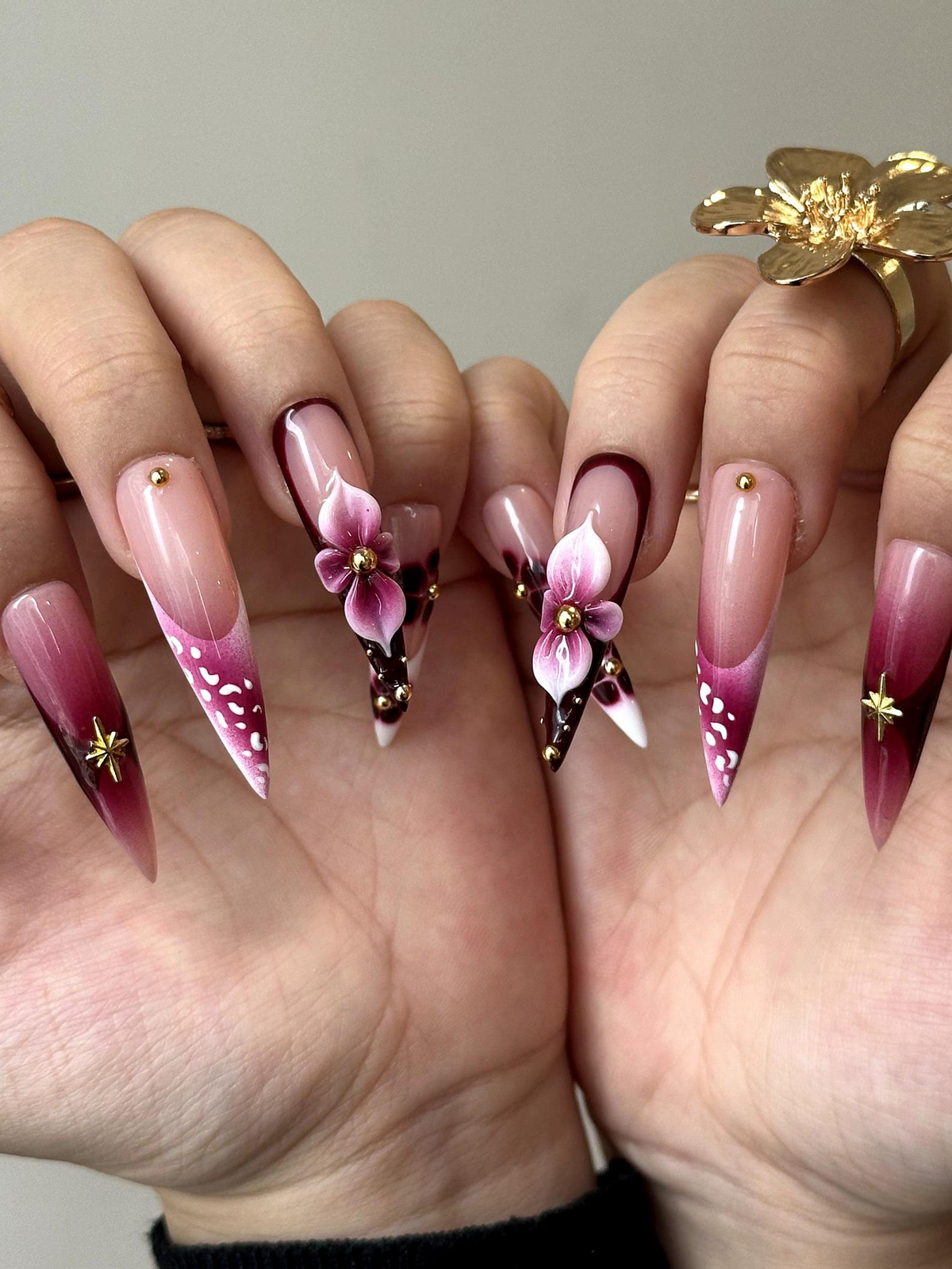 Elegant Floral Press On Nails 3D Floral Ombre Nails Burgundy & Pink Gradient Nail Art