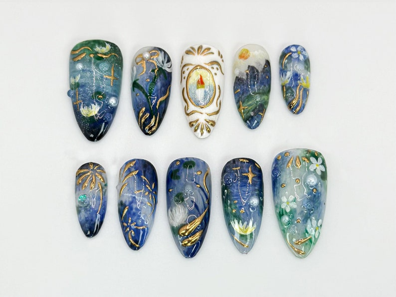 Handcrafted Galaxy Press On Nails Blue and Gold Star Nails Mystical Cosmic Nail Art Galaxy-Inspired Luxury Nails Dreamy Nail|OB579HK