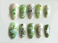 Spring Garden Long Almond Nails Green Leaf & Floral Designs Handcrafted Faux Nail Art Trendy Nail Art Unique Handmade NailsOB534H