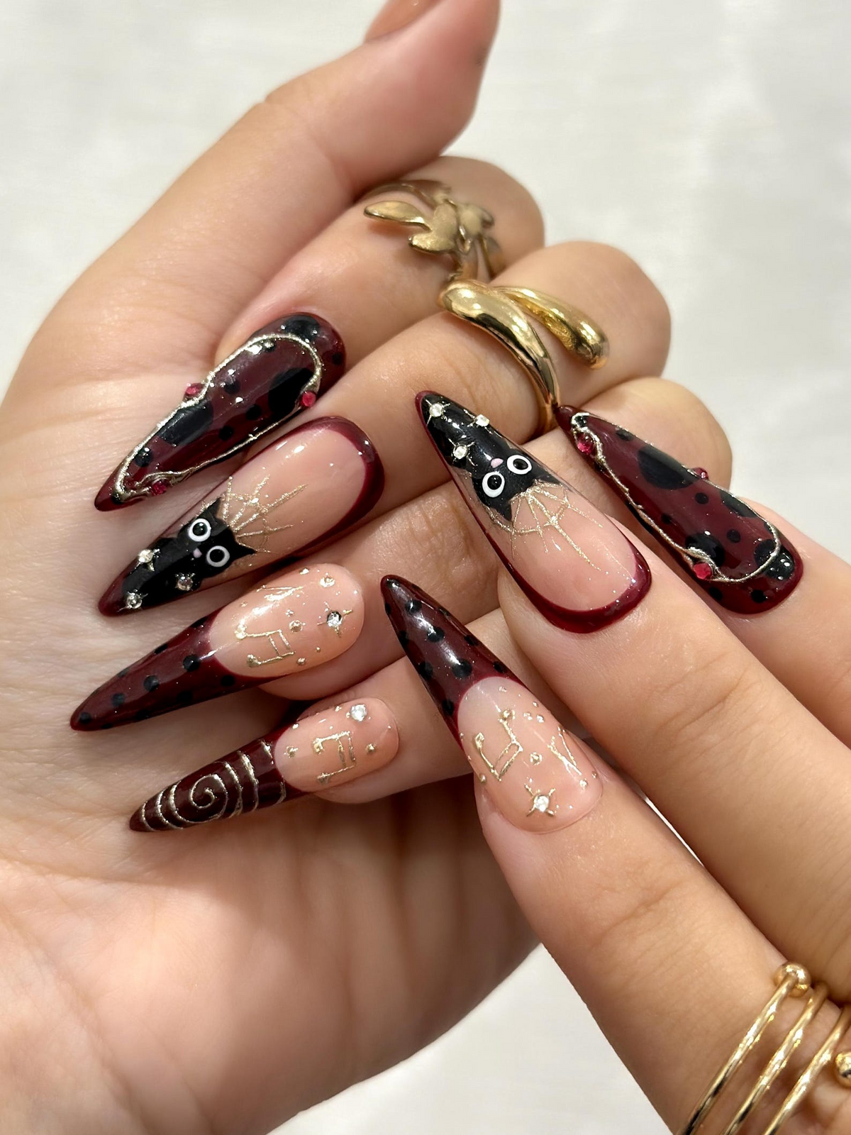 Gothic Ruby Witch Press On Nails Red Black Sorcery Nail Art 3D Ring Accents & Mystic Symbols Luxury Dark Glam Set