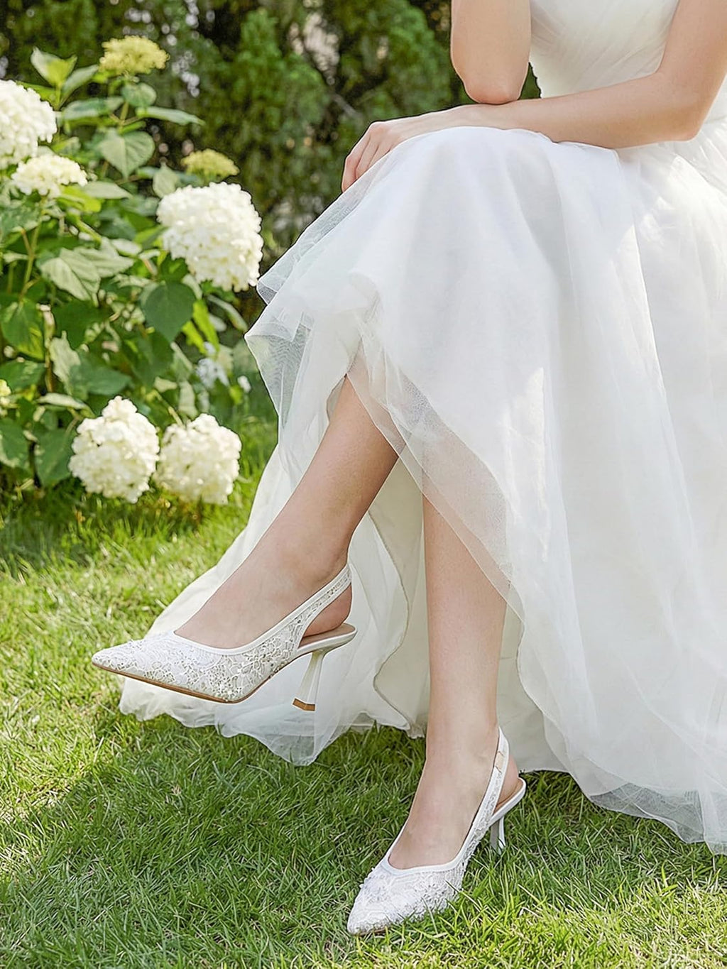 Slingback Wedding Heels for Women Bridal Lace Mesh Kitten Heel Closed Pointed Toe Pearl Pumps Shoes