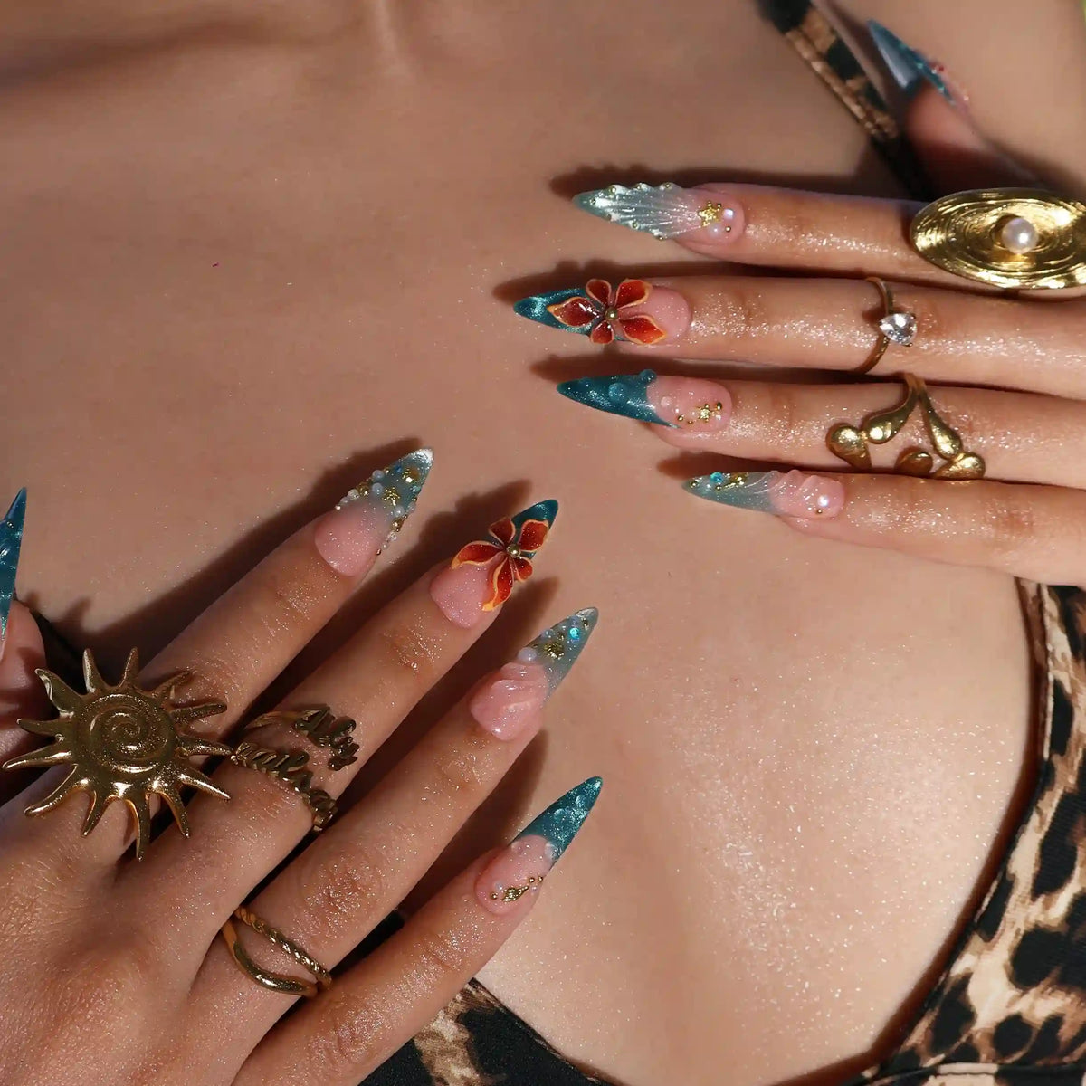 Abyssal Blue 3D Floral Handmade Press On Nails