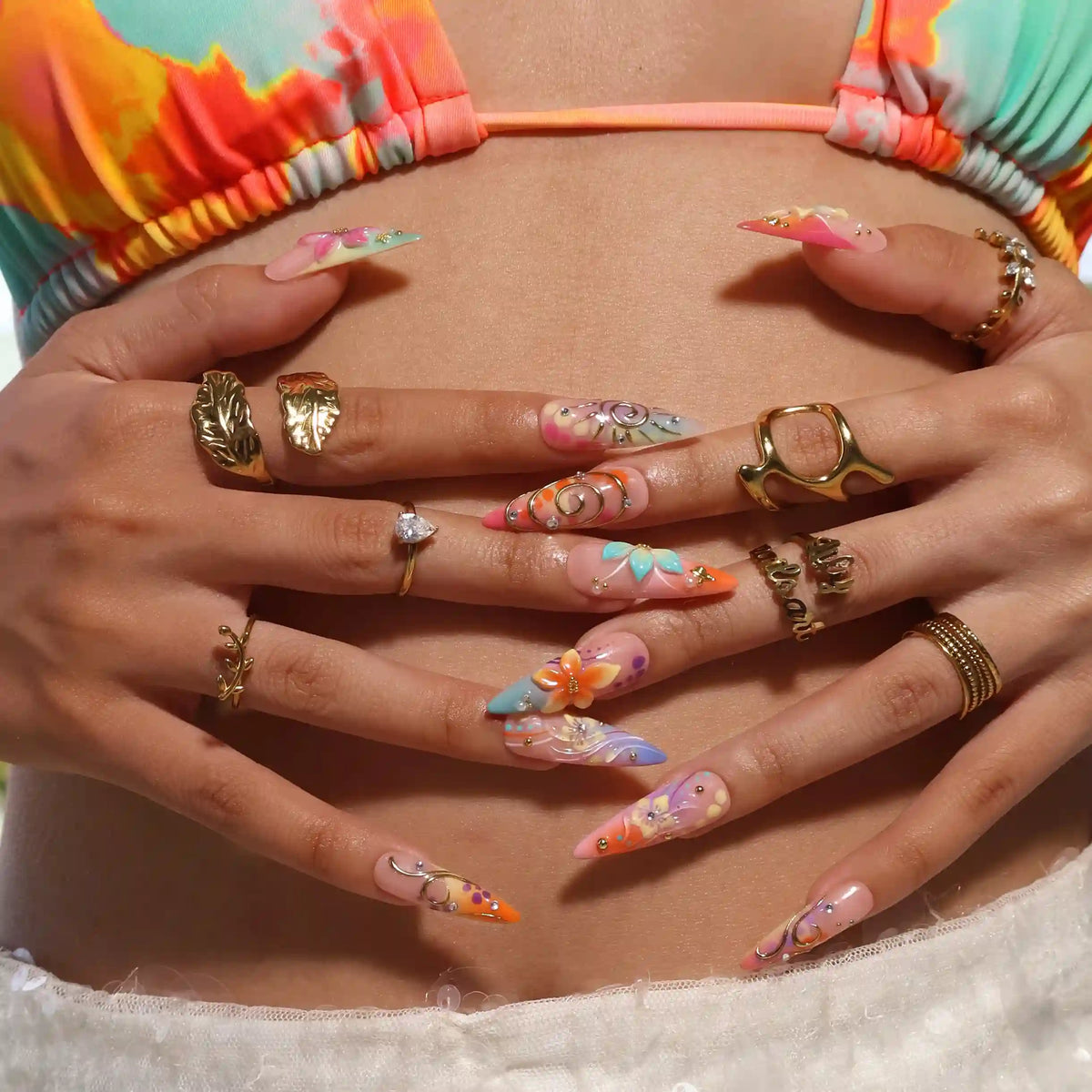 La Abundancia 3D Floral Pearl Blue Teal Press On Nails