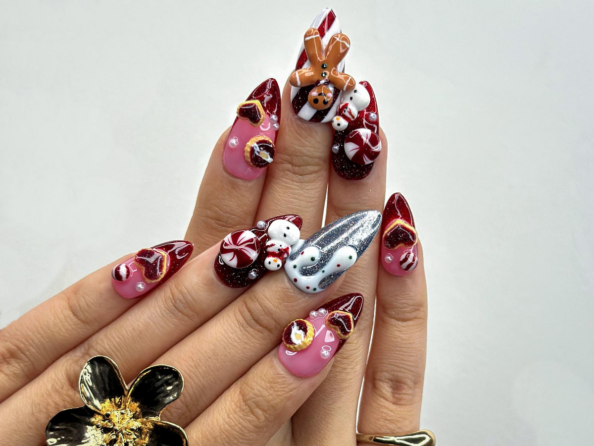 Gingerbread Red Christmas Press On Nails 3D Christmas Cookie Nail Peppermint & Snowman Holiday Nails| Red Glitter Festive Nails