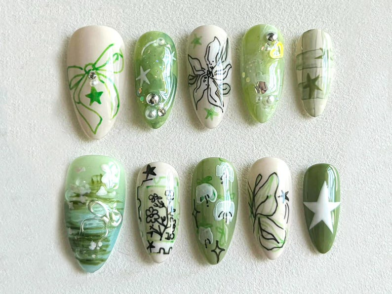Spring Garden Long Almond Nails Green Leaf & Floral Designs Handcrafted Faux Nail Art Trendy Nail Art Unique Handmade NailsOB534H
