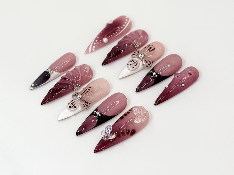 Burgundy Floral 3D Press On Nails Floral Design with Rhinestones| Floral Accents And Pearl Details Stylish & Trendy Nail Design OB660H