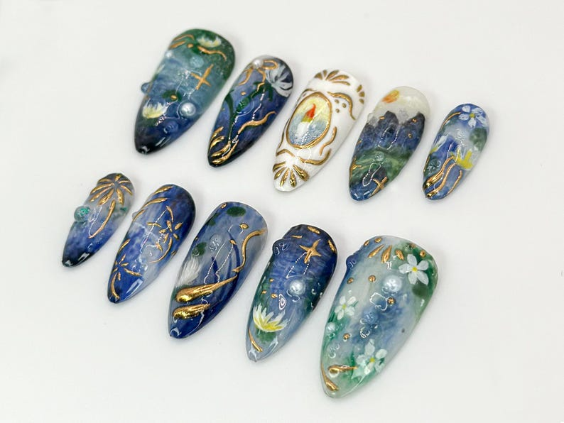 Handcrafted Galaxy Press On Nails Blue and Gold Star Nails Mystical Cosmic Nail Art Galaxy-Inspired Luxury Nails Dreamy Nail|OB579HK