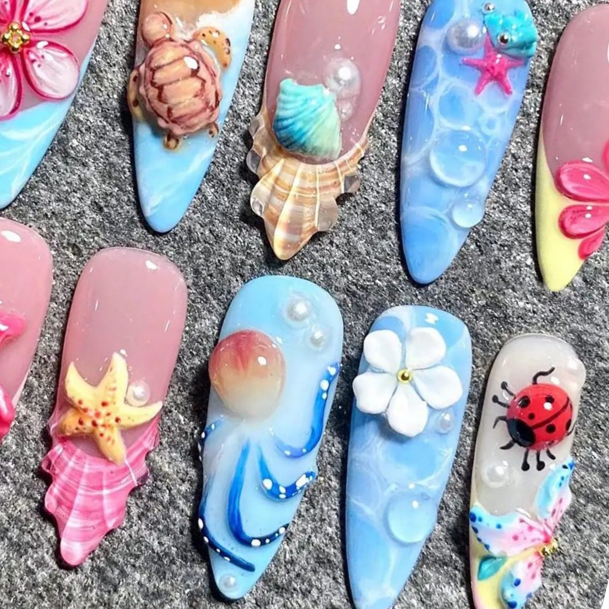 3D Shark Ocean Press On Summer • Blue Sea Animal Nails • Dolphin Whale Shark Nails •