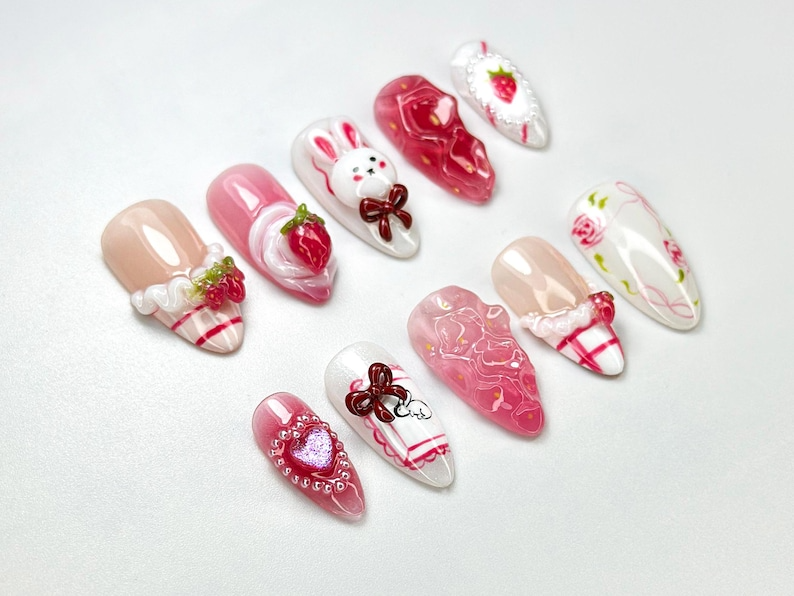 Kawaii Bunny & Strawberry Press-On Nails Handmade Bunny Nail Art Cute Girly Nails 3D Kawaii Nails Cottagecore Nail Art OB689H