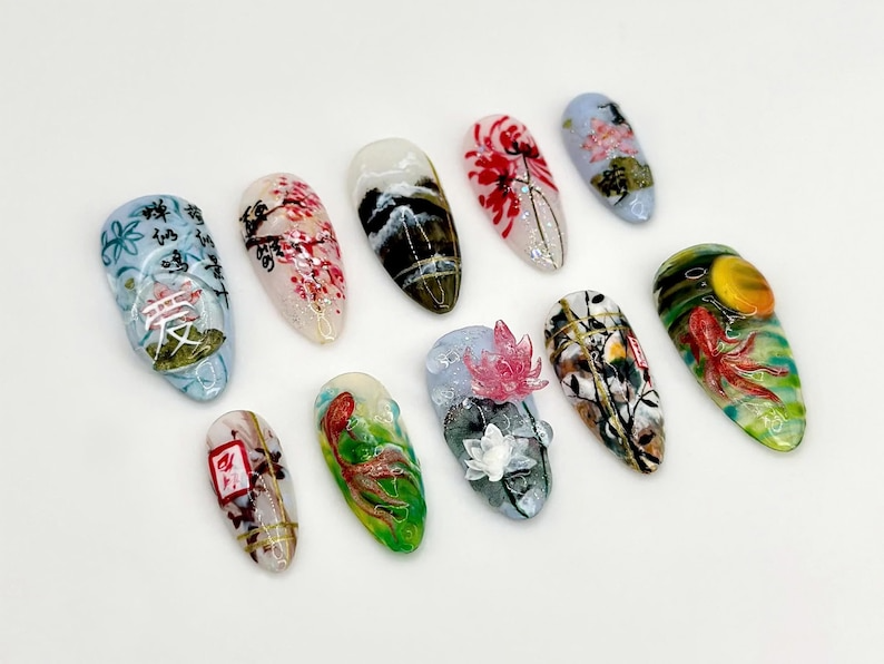 Japanese-Inspired Koi Fish Almond Nails Asian-Inspired Scenic Fake Nails Serene Waters Nail Art Lotus and Bamboo Fake Nails OB663YC