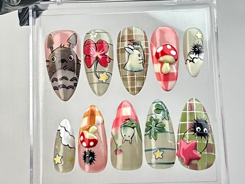 Studio Ghibli Inspired Almond Nails Totoro & Nature Nail Art Kawaii Ghibli Fake Nails Studio Ghibli Theme False Nails OB726YC