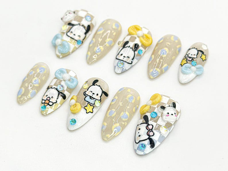 Kawaii Puppy Press On Nails Cute Character Nail Art Handmade Cartoon Nail Set 3D Kawaii Nails Handmade Nail Art OC672HC