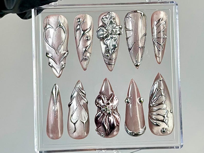 Metallic Chrome Press On Nails Butterfly Wings Press Ons Shiny Silver Fake Nails Elegant Metallic Nail ArtGothic, Y2K NailsOB755YK