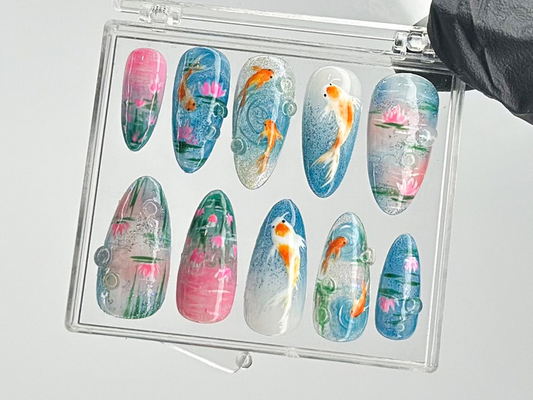 Ocean-Inspired Press On Nails Hand-Painted Koi Fish Press On Nails Floral Lotus Nail Art Ocean Nails Summer Press On nails OB432TL