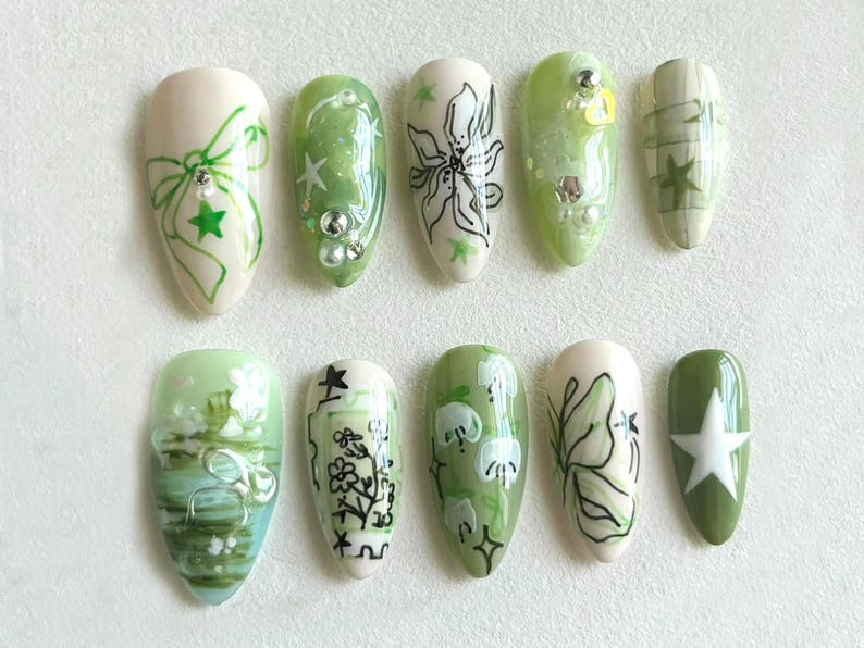 Spring Garden Long Almond Nails Green Leaf & Floral Designs Handcrafted Faux Nail Art Trendy Nail Art Unique Handmade NailsOB534H