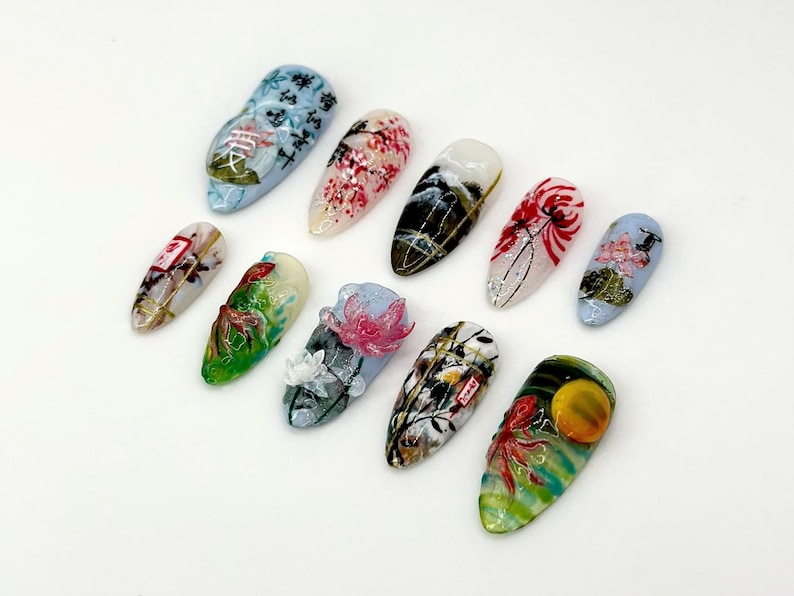 Japanese-Inspired Koi Fish Almond Nails Asian-Inspired Scenic Fake Nails Serene Waters Nail Art Lotus and Bamboo Fake Nails OB663YC