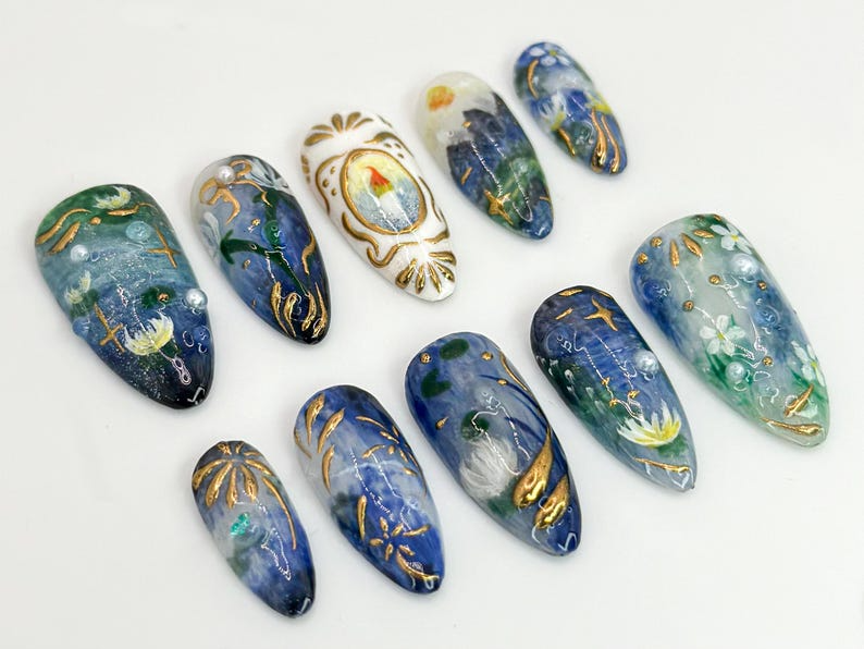 Handcrafted Galaxy Press On Nails Blue and Gold Star Nails Mystical Cosmic Nail Art Galaxy-Inspired Luxury Nails Dreamy Nail|OB579HK