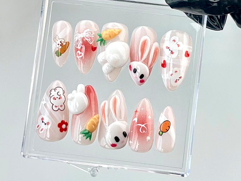 Bunny-Easter Almond Nails Bunny Ears & Carrot Nail Art Cute Animal Fake Nails Adorable 3D Pink False Nails Kawaii Nails OB728YC