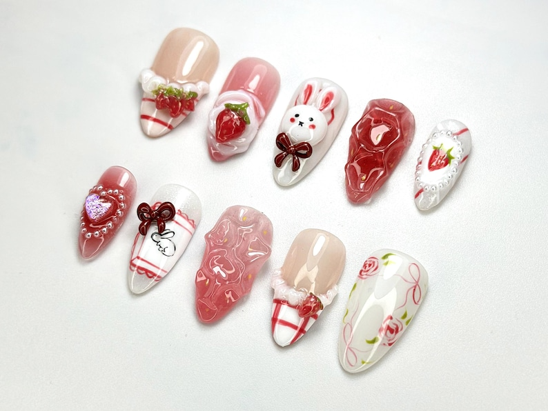 Kawaii Bunny & Strawberry Press-On Nails Handmade Bunny Nail Art Cute Girly Nails 3D Kawaii Nails Cottagecore Nail Art OB689H