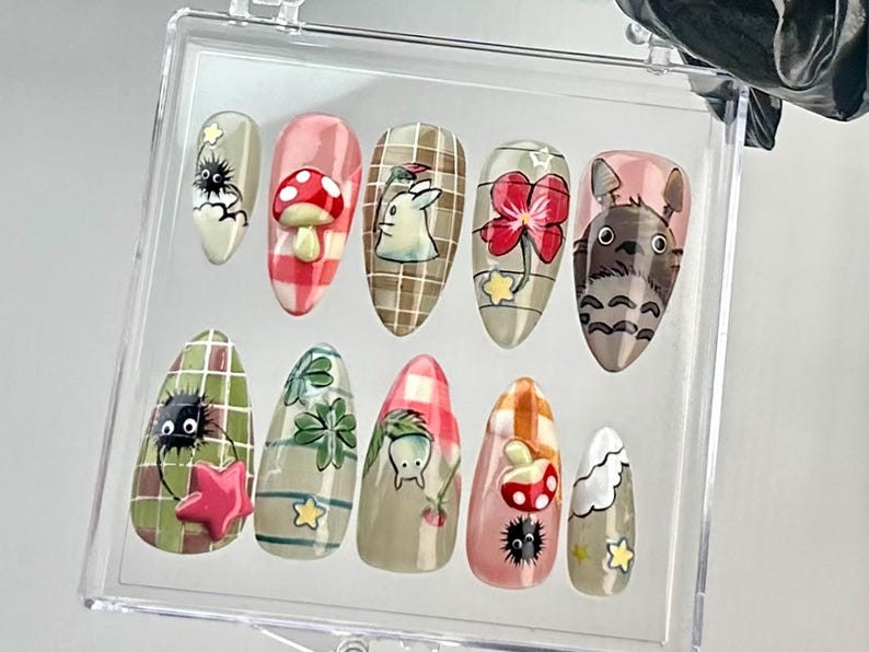 Studio Ghibli Inspired Almond Nails Totoro & Nature Nail Art Kawaii Ghibli Fake Nails Studio Ghibli Theme False Nails OB726YC