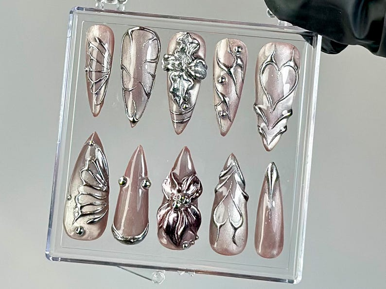 Metallic Chrome Press On Nails Butterfly Wings Press Ons Shiny Silver Fake Nails Elegant Metallic Nail ArtGothic, Y2K NailsOB755YK