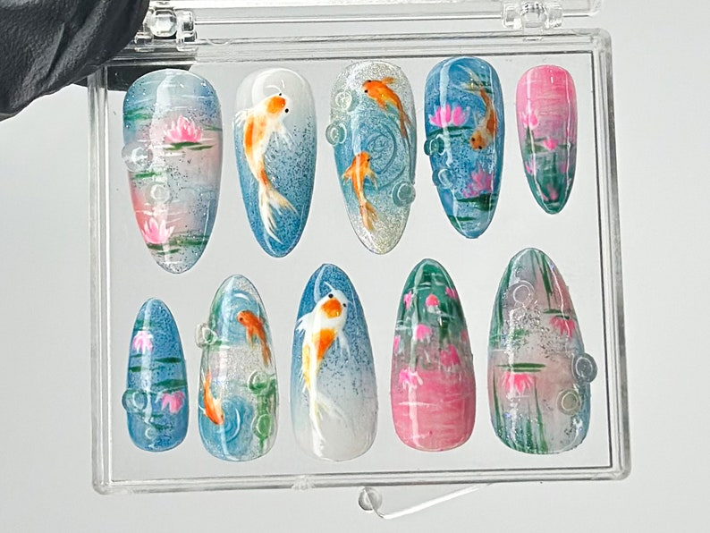 Ocean-Inspired Press On Nails Hand-Painted Koi Fish Press On Nails Floral Lotus Nail Art Ocean Nails Summer Press On nails OB432TL