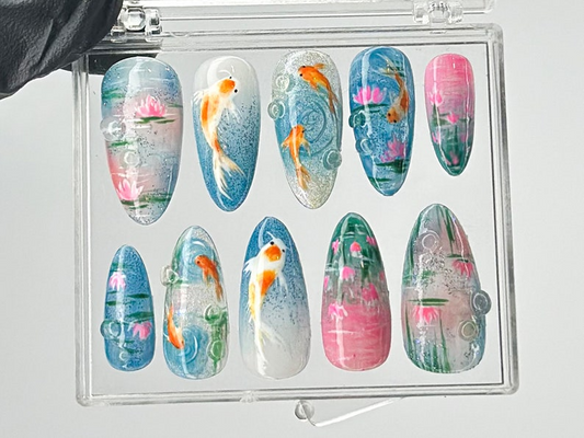 Ocean-Inspired Press On Nails Hand-Painted Koi Fish Press On Nails Floral Lotus Nail Art Ocean Nails Summer Press On nails OB432TL