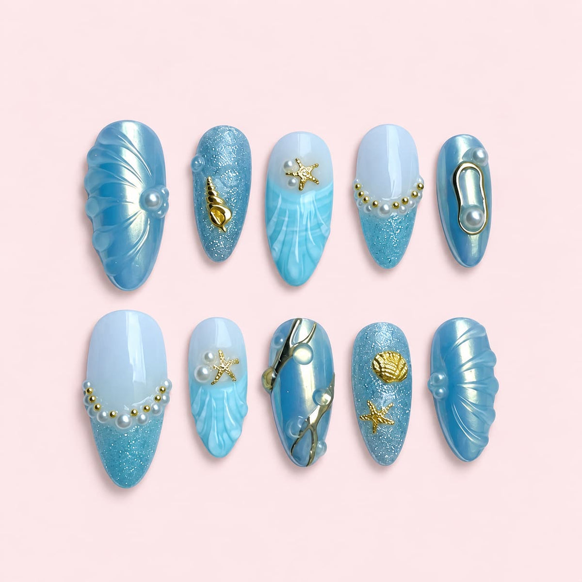 Aegean Gold Almond Press-On Nails — Blue & Gold
